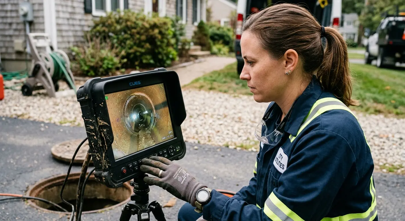 Technician reviewing sewer camera inspection footage in St. Louis