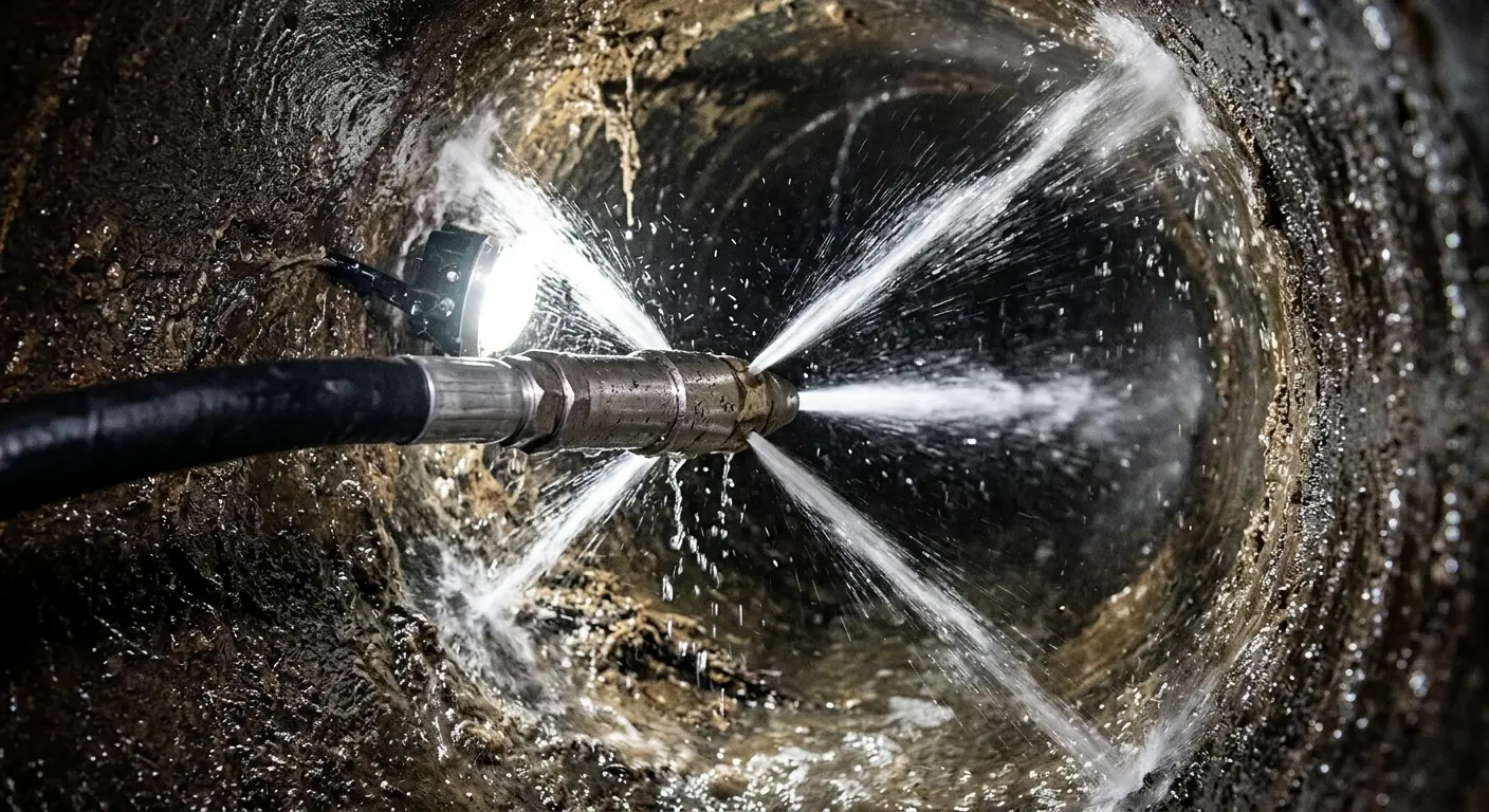 High-pressure hydro jetting nozzle cleaning sewer pipe for Storm Drain Cleaning in St. Louis
