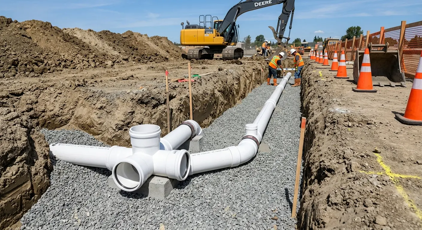 New PVC sewer pipe installation in open trench for Sewer Backup in St. Louis