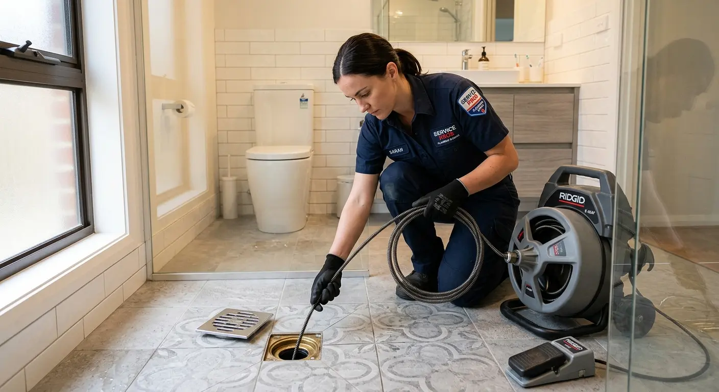 Technician clearing a bathroom floor drain for Drain Cleaning in St. Louis
